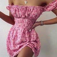 modx women puff short sleeve floral print ruffle mini dress summer fashion slash neck slim a line holiday beach party dress