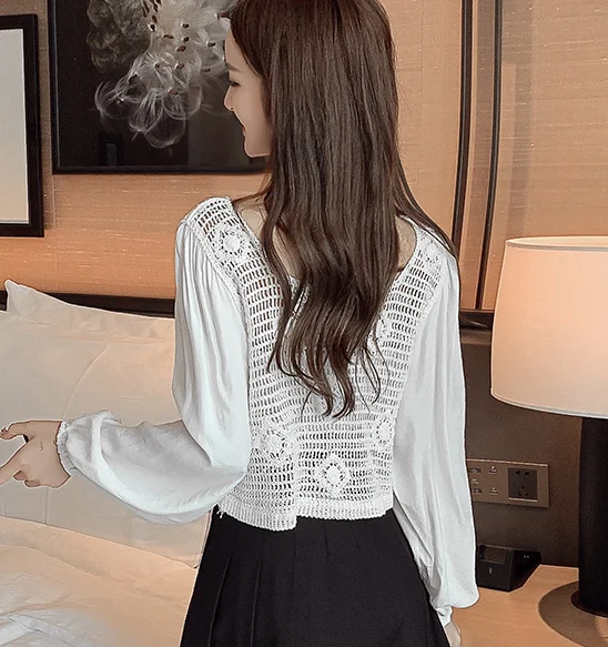 

2020 New Short design Lace Crochet Shirt Square neck Patchwork Lantern sleeve blouse Sweet Women Tops