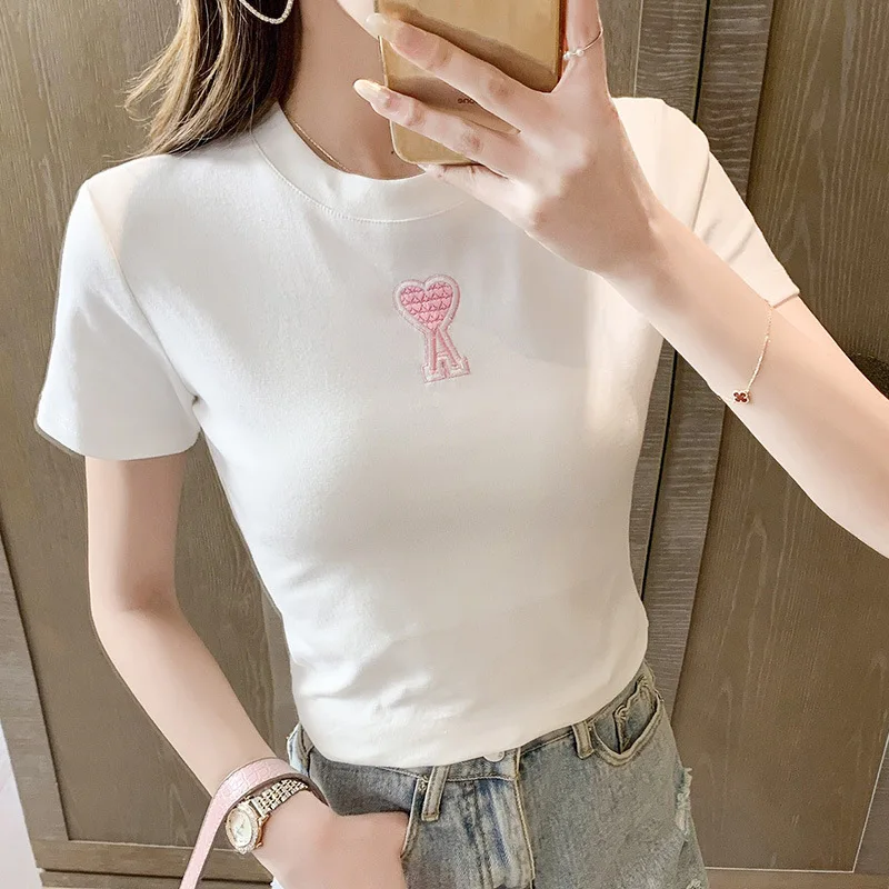 

Summer Women's T-shirt Short Sleeve O Neck Embroidery Top Female Kawaii Clothing 2021 Basic Blouses For Girls Cotton Pulovers