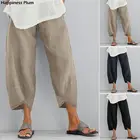 Женские повседневные брюки, летние свободные льняные брюки с эластичной талией, удобные ассиметричные брюки большого размера, укороченные брюки