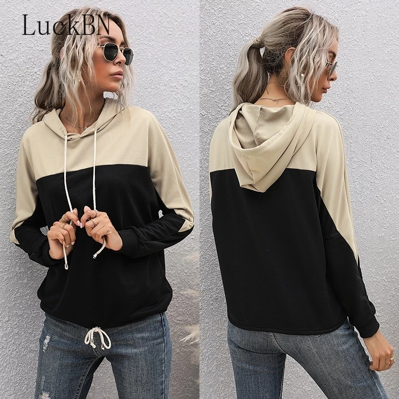 

Women's Clothing Hoodies & Sweatshirts New Autumn Winter Contrast Casual Hoodie Loose and Versatile Splicing Blouse Women 2021
