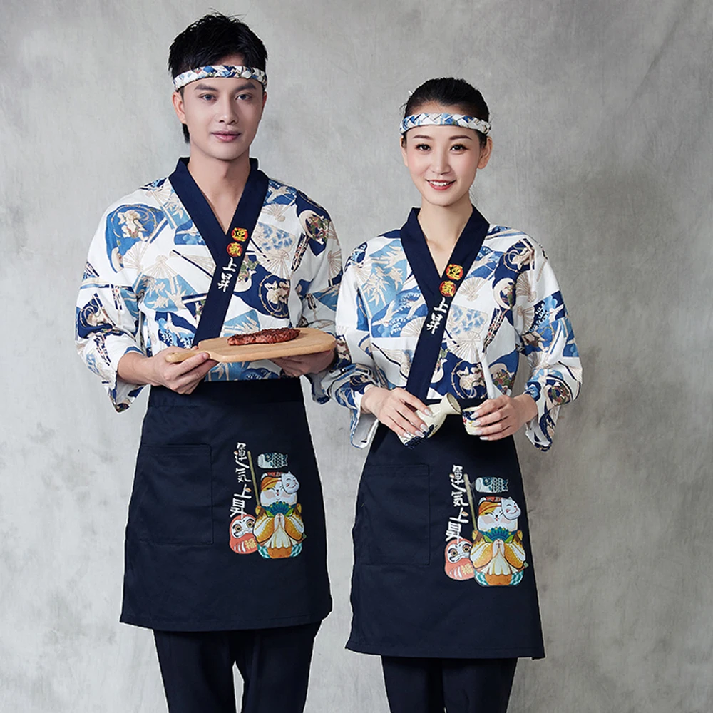 Kimono de estilo japonés para hombre y mujer, chaqueta de Chef de Sushi, camarero de restaurante, uniforme de cocina, Tops, delantal, diadema, ropa de trabajo