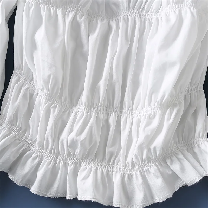 

TRAFWomen 2021 Fashion Elastic Smocked Ruffled Cropped Blouses Vintage Square Collar Long Sleeve Female Shirts Streetwear