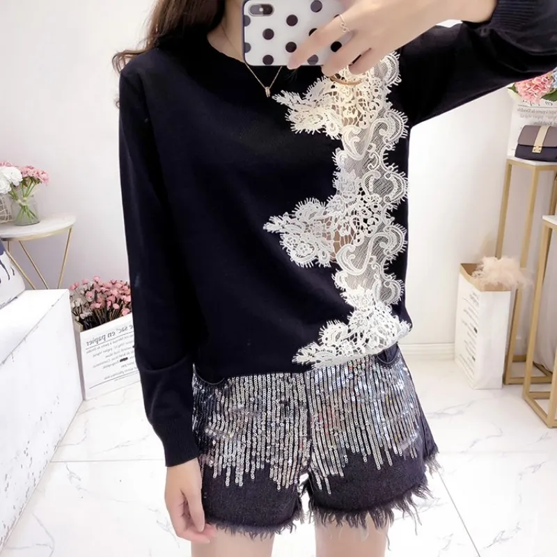 Chic Lace Patchwork Hollow Out Long Sleeve Womens Sweaters Korean Fashion New Loose Fit O-Neck Female Pullover Knitting Tops | Женская