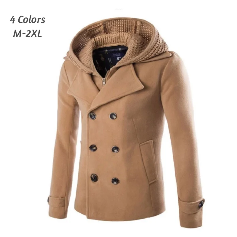 Мужская шерстяная куртка верблюжьего цвета со съемной шапкой и капюшоном модная
