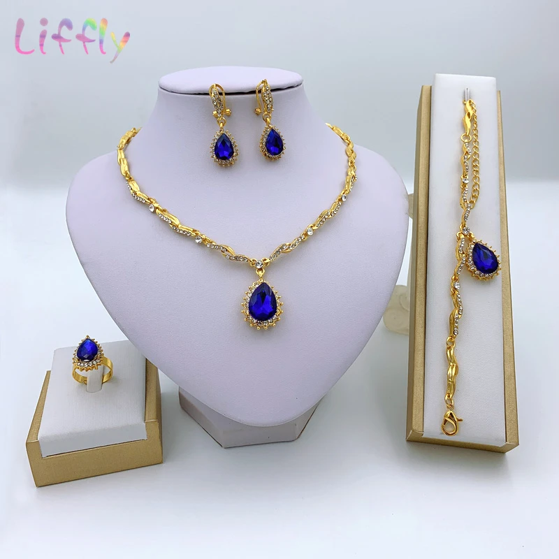 Дубай синий кристалл свадебные ювелирные изделия большое ожерелье браслет