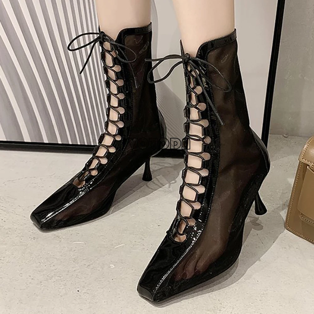 

Fashion Sandals Boots Women Lace Up Hollow Ankle Boots Sexy Net Boot Ladies Transparent High Heels Chelsea Dhort Boots Party Sho