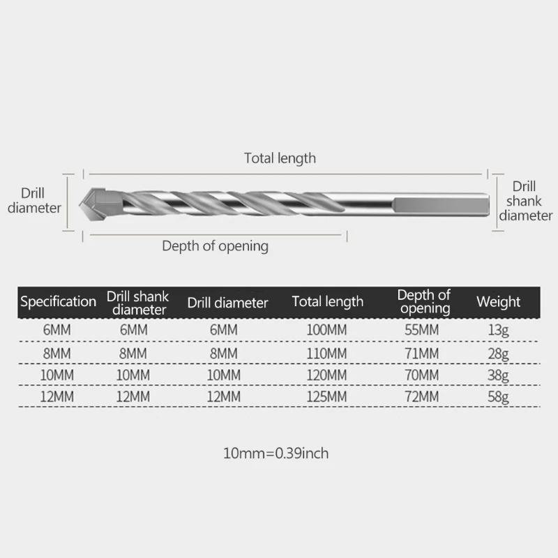 

Masonry Wood Ceramic Concrete Marble Wall Brick Hole Opener Multi-Purpose Electric Hammer Drill Bit Set 6/8/10/12 mm