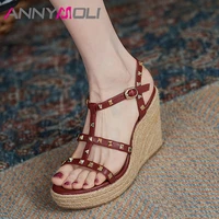annymoli women gladiator shoes real leather sandals wedges super high heel sandals t strap rivet shoes round toe sandals summer