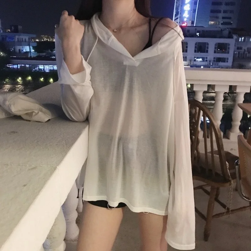 

Womens Long Sleeve T-shirts Summer Backless Hooded Casual Harajuku Thin Korean Loose Solid Female Tops Clothing Tide
