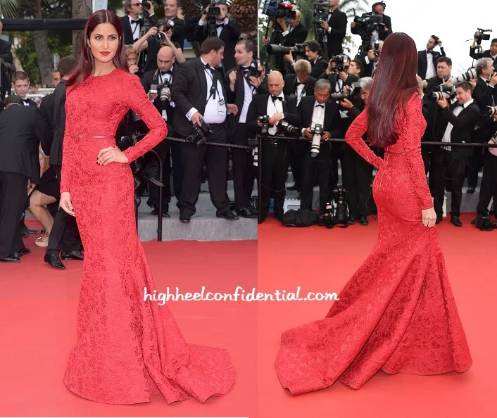 Sexy Katrina Kaif Red Long Sleeve Mermaid Lace Sheath Evening Dresses Celebrity Dress Cannes Festival 2015 Evening Gowns CD11