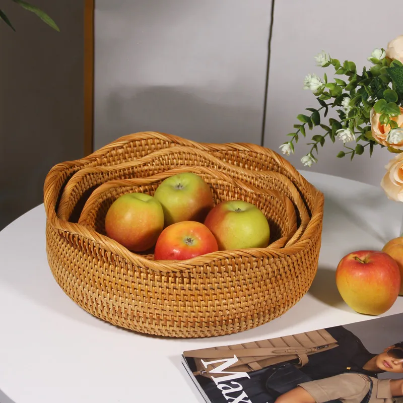 

Handmade Rattan Fruit Tray Storage Basket Box Wave Side Fruit Basket Flower Basket Home Organizer No Lacquer No Wax Eco-friendly