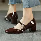 Туфли-лодочки женские из натуральной кожи на толстом высоком каблуке с квадратным носком и жемчугом