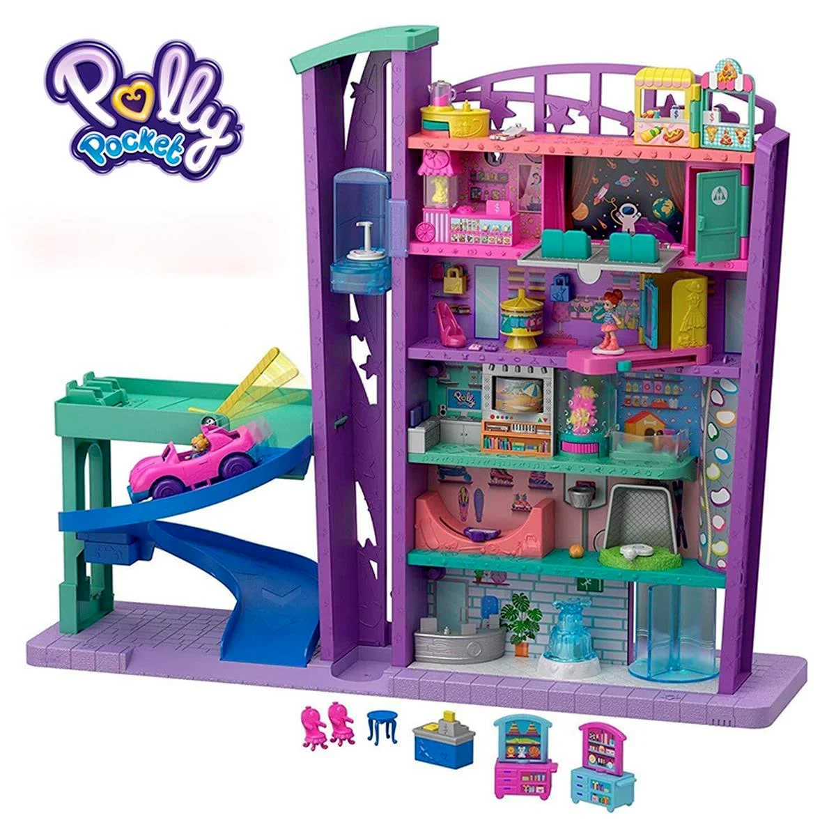 Карманный суперпакет Polly Pollyville Mega Mall с 6 этажным автомобильным лифтом и микро мини