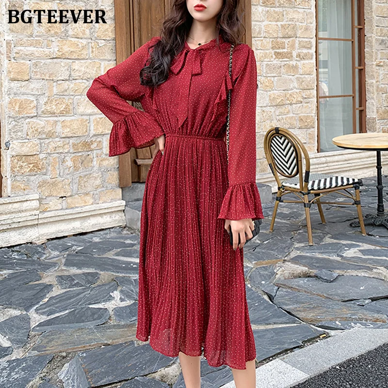 Платье BGTEEVER женское Плиссированное с принтом в горошек шифоновое