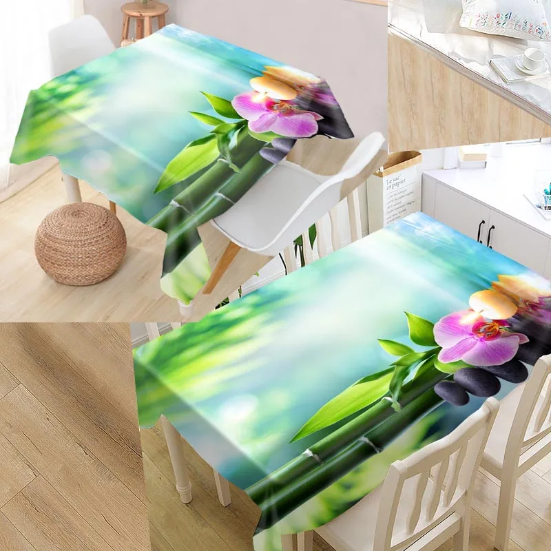 

Custom Spa Zen Stone Flower Table Cloth Oxford Fabric Rectangular Waterproof Oilproof Table Cover Family Party Tablecloth