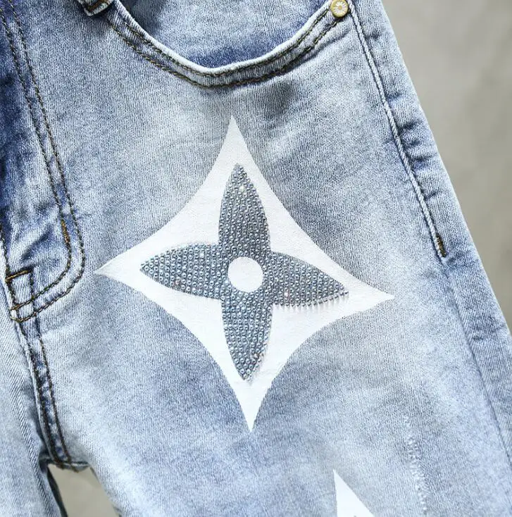 men's elastic feet jeans джинсы для мужчин original design new European and American embroidery printing slim trendy pants