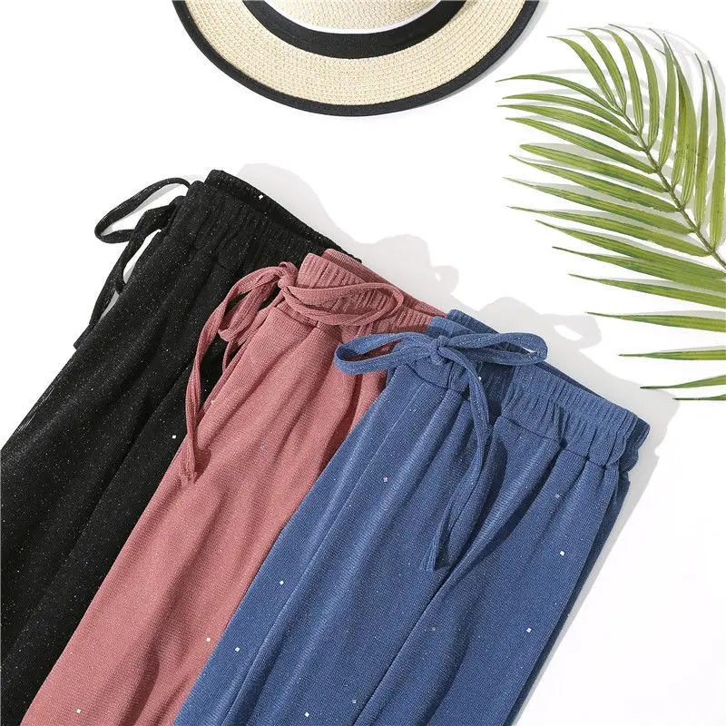 

2021 Summer Women New Black Wide Leg Pants Patchwork Mesh Transparent Female Pants High Waist Loose Casual Trousers Y848