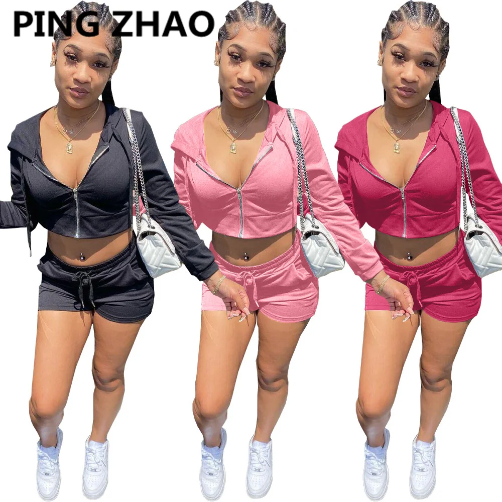 

Спортивные костюмы для женщин PING ZHAO, комплект из двух предметов, укороченные толстовки на молнии и шорты, спортивные костюмы