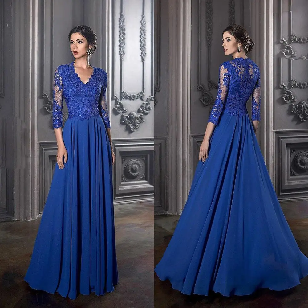 

Elegant Blue Mother of the Bride Dresses Long Sleeves Lace Exquisite Chiffon Groom Mother Dress A Line Wedding Party Guest Gowns