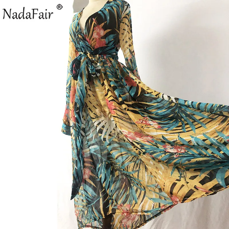 Nadafair Boho летнее макси платье шифоновое винтажное Туника сексуальное с v-образным вырезом на поясе шифоновое с цветочным принтом размера плюс пляжное длинное платье для женщин