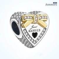 heart shaped golden bow beads silver plating fits pandora original bracelet charm married gift wife charm bracelet jewelry