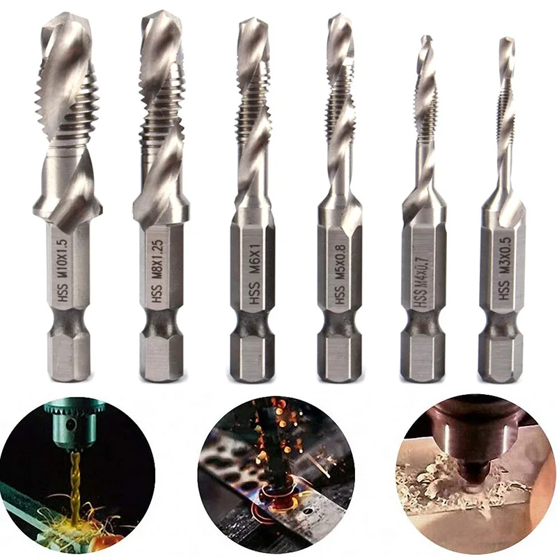 

6 Pcs Set Titanium Combination Drill Tap Bit with Compound, 1/4" HSS Spiral Hex Shank Screw Metric Thread M3-M10 Tapping Tools