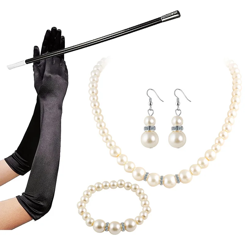 Audrey Hepburn Breakfast at Tiffanys 1950s Costume Jewelry Accessories Set Faux Pearl Necklace Earring Bracelet 5 Pieces | Тематическая