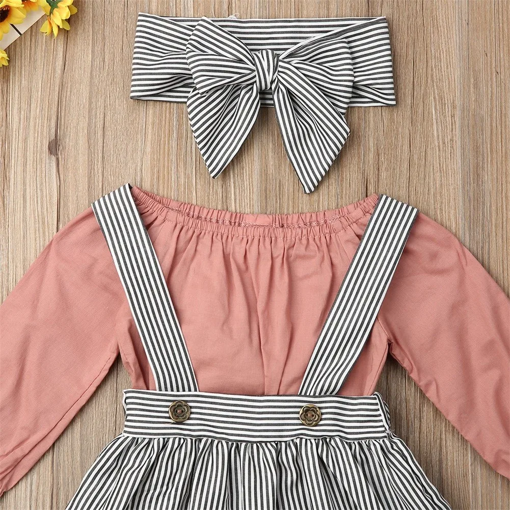 

0-24 Months Baby Girl Fall Outfit 3PCS Long Sleeve Solid Color Bodysuit + Striped Skirt + Headband 0-24Months Clothing Set
