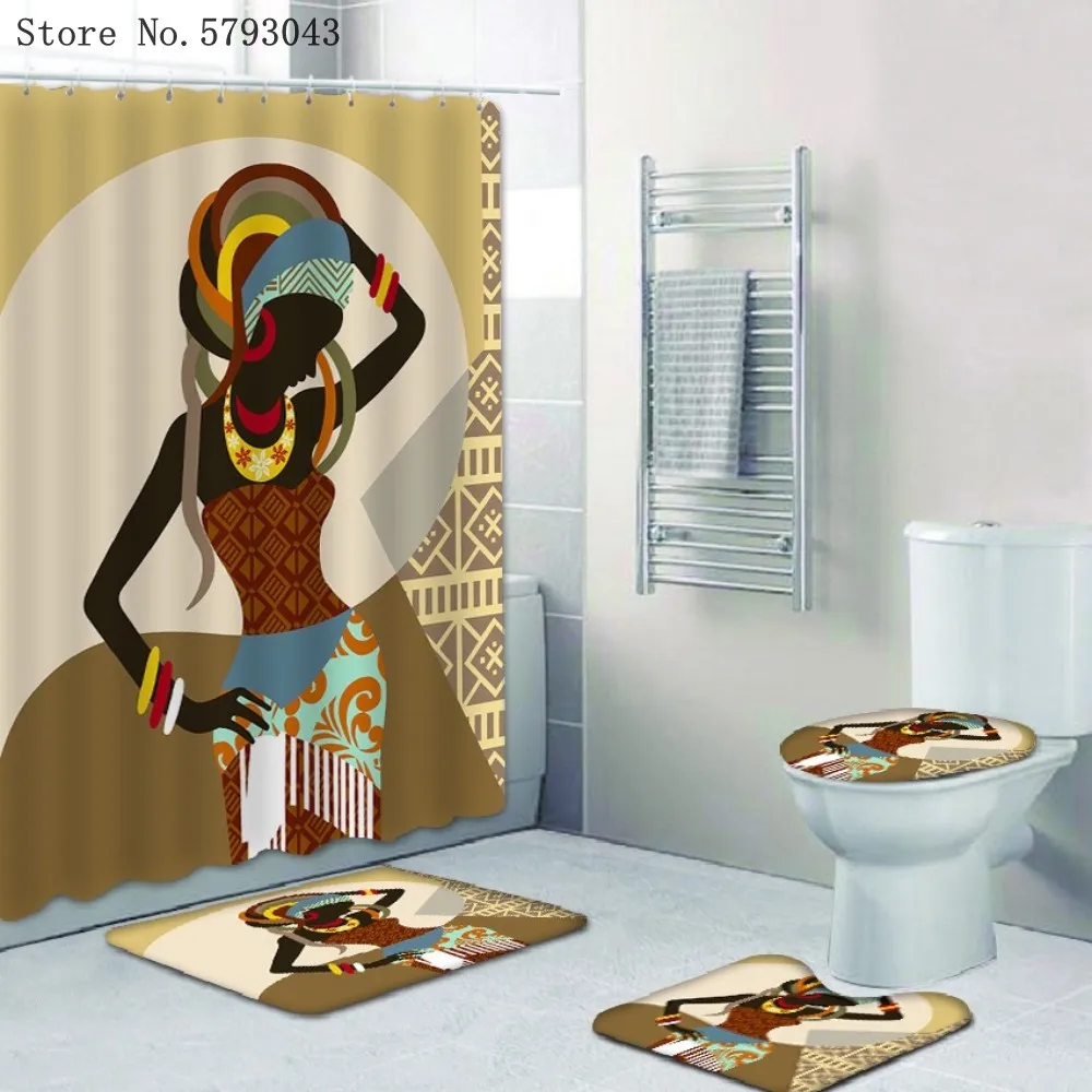 

Набор занавесок для душа с 3D-принтом Африканской женщины, чехол для унитаза, нескользящий коврик для ванной, 4 предмета, набор для ванной ком...