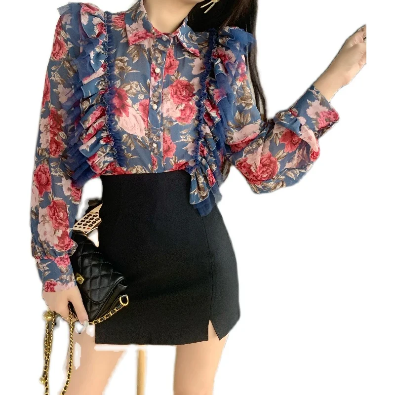 

Chiffon shirt spring 2021 new lapel lantern sleeves are thin ruffled floral long-sleeved shirt