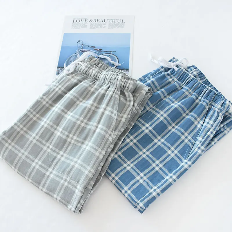 

Sleeping Pants Trousers for Men Cotton and Silk Pantalon Pijama Hombre Plaid Trousers Cotton Gauze Loose Casual Comfortable 2021