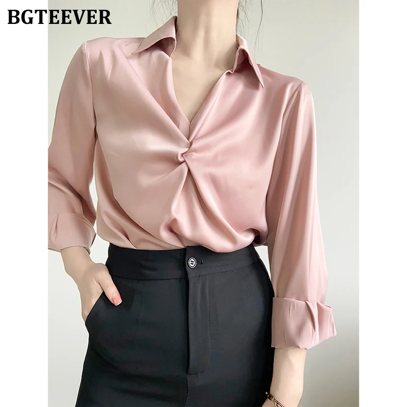 

Блузка Женская атласная с отложным воротником и длинным рукавом, 2022