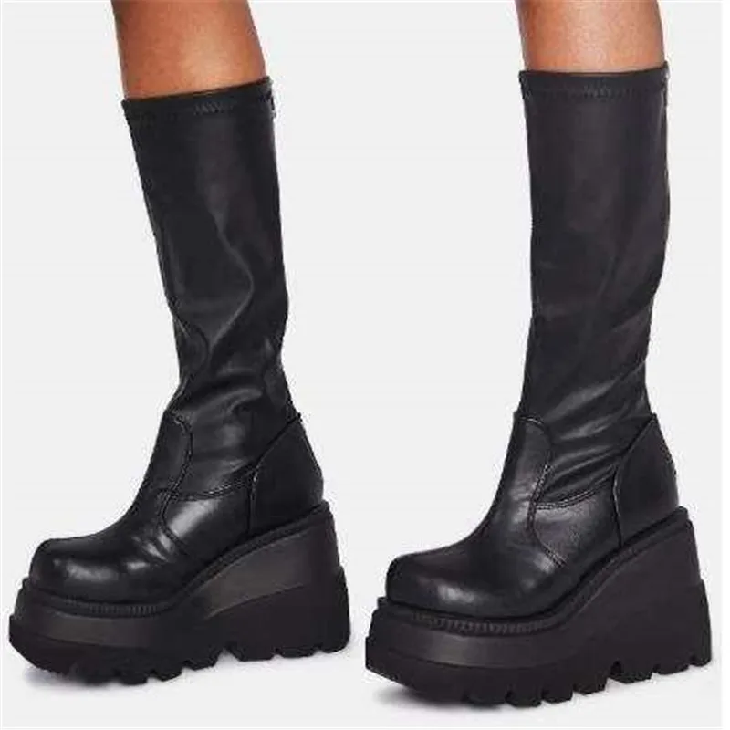 

Womenboots Leather Boots Thick Bottom Large Size Round Shape Black Winter High Heels Comfortable and Waterproof Side Zipper