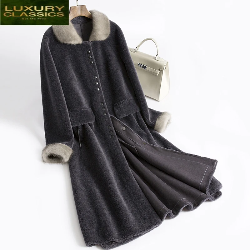 

Female Real Fur Coat Long Vintage Mink Fur Collar Sheep Shearing Jacket Women Korean Elegant 100% Wool Tops Hiver 1118