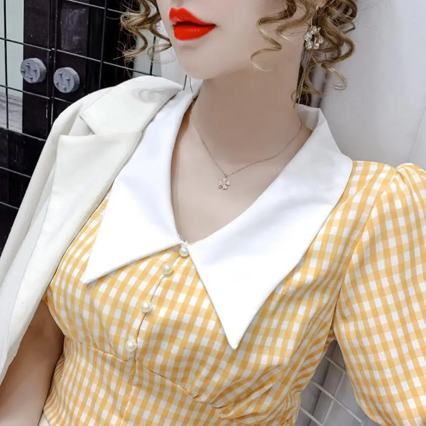 

Crop Top Yellow Blouses Summer Kawaii Puff Sleeve Plaid Shirt Women Checkered Korean Style 2021 Fashion Retro Blouse w2630