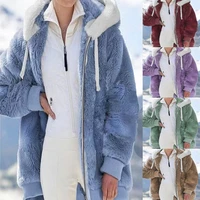 winter women plush zipper jacket casual oversized loose hooded thick coats faux fur stitching plaid female jacket coat outwear