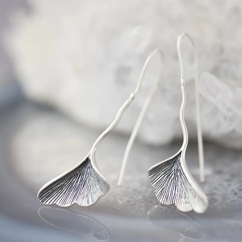 Женские длинные серьги-подвески из серебра 925 пробы с листьями гинкго | Украшения