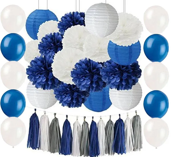 

2 Sets Navy Blue White Tissue Pom Poms Paper Flower Hanging Paper Lanterns Ball Wedding Birthday Baby Shower Nursery Decoration