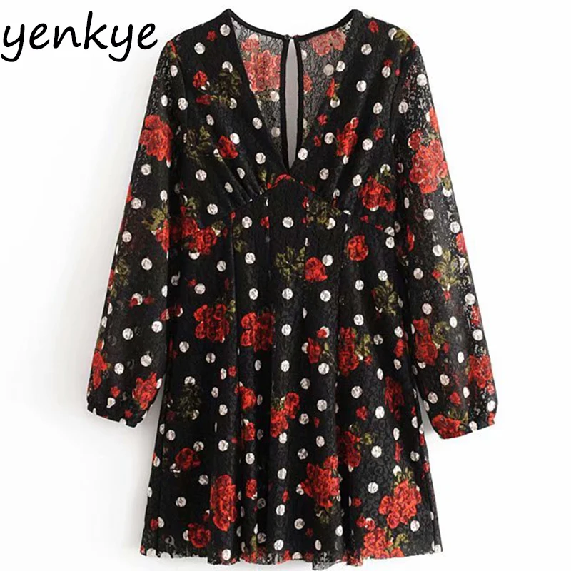 Женское винтажное мини платье с цветочным принтом элегантное v образным вырезом