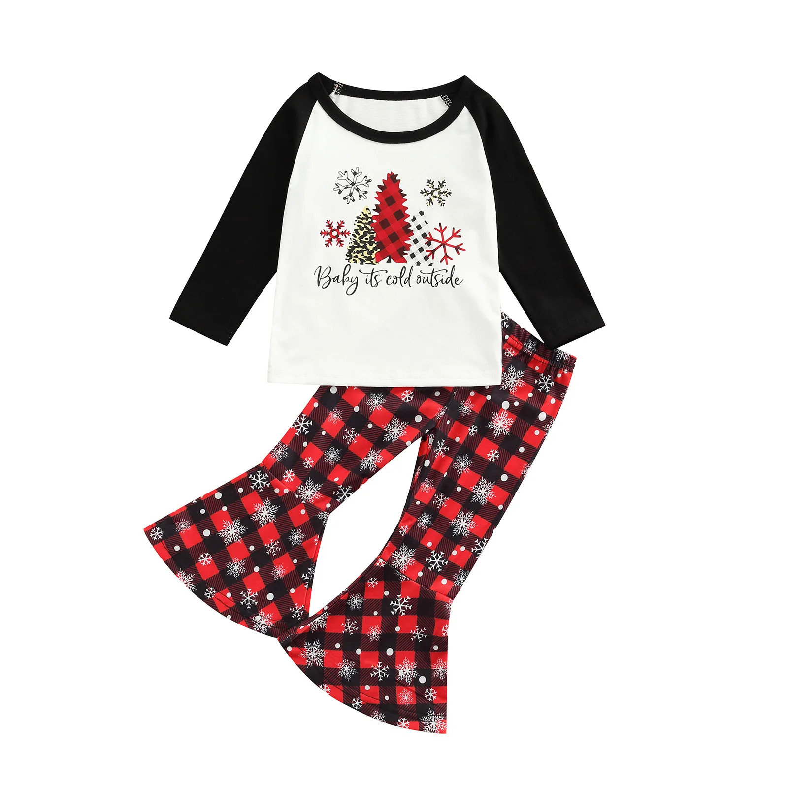 

Комплект одежды для девочек с принтом рождественской елки, футболка с длинным рукавом и круглым вырезом + расклешенные брюки с принтом снеж...