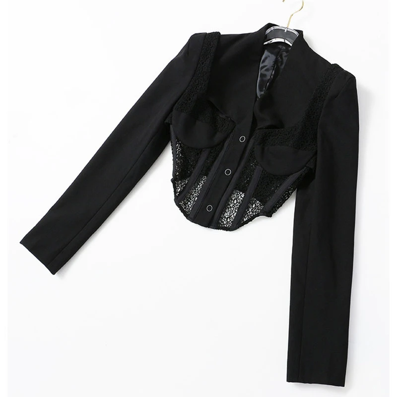SeeBeautiful Simple V-neck Long Sleeve Hollow Out Lace Spliced Loose Blazer Coat Woman Autumn 2021 New Tide Fashion T068 | Женская