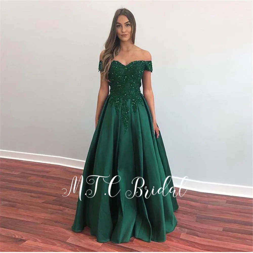 

Wholesale Green Long Evening Dress 2019 Beaded Lace Off The Shoulder A Line Formal Occasion Women Party Dresses Cheap