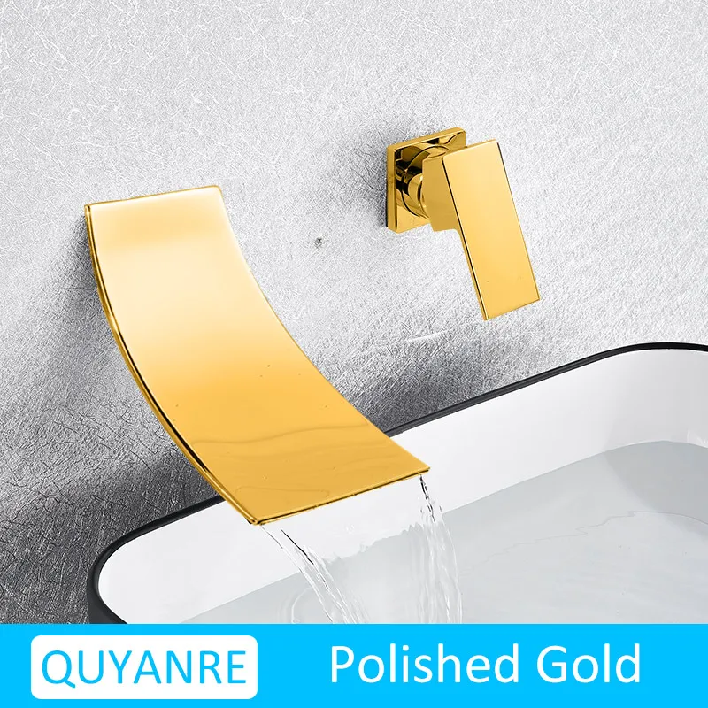 Gold Version Quyanre черный хром водопад смеситель для раковины настенное крепление; водопад кран с одной ручкой смеситель для ванной комнаты Водопад смеситель для раковины - Цвет: Gold Version