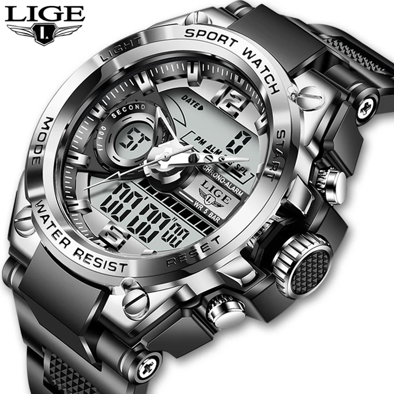 

Relogio Masculino 2021 LIGE Sport Men Quartz Digital Watch Creative Diving Watches Men Waterproof Alarm Watch Dual Display Clock