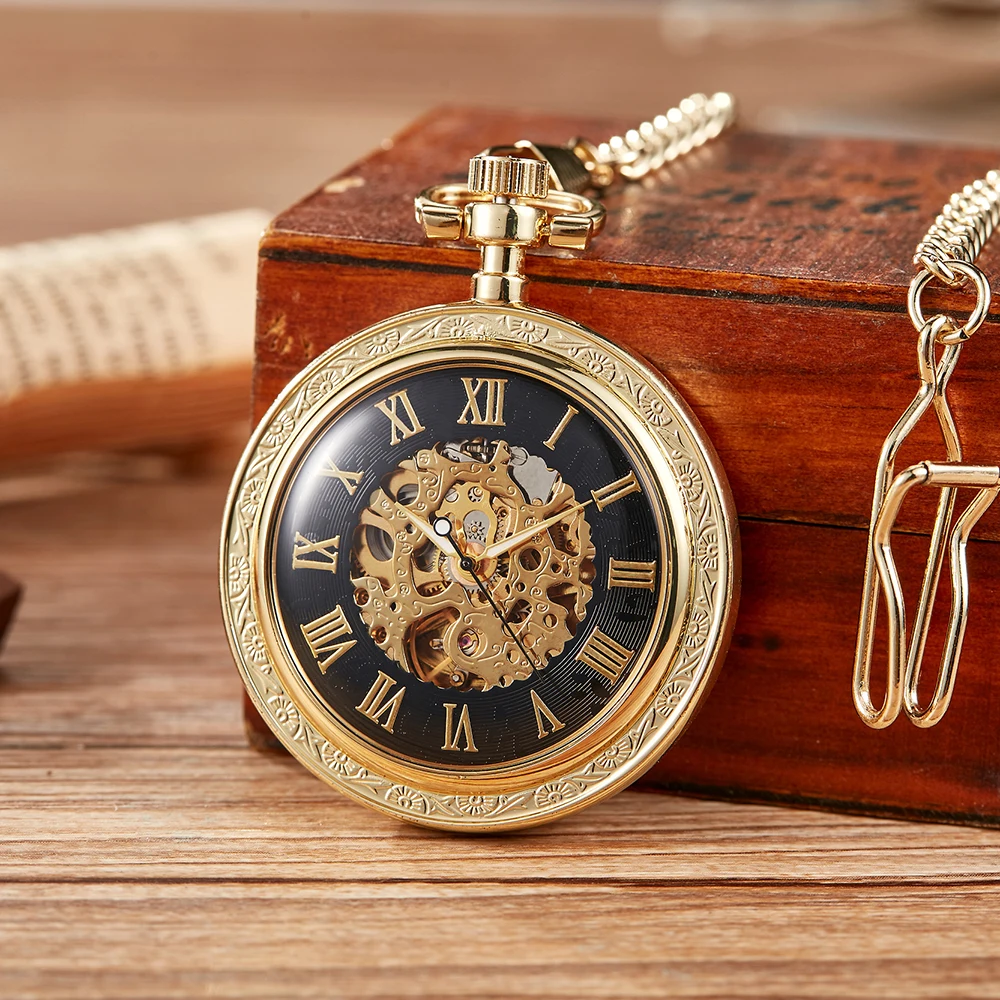 

Golden Steampunk Skeleton Mechanical Pocket Watch Roman Numerals Clock Necklace Pendant Men Women Hand-winding Fob Watch Chain