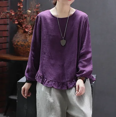 Women T-shirt Spring Autumn Retro Large size Loose Pullovers New Female Tops O-Neck Long-sleeved Button Mori girl Casual | Женская