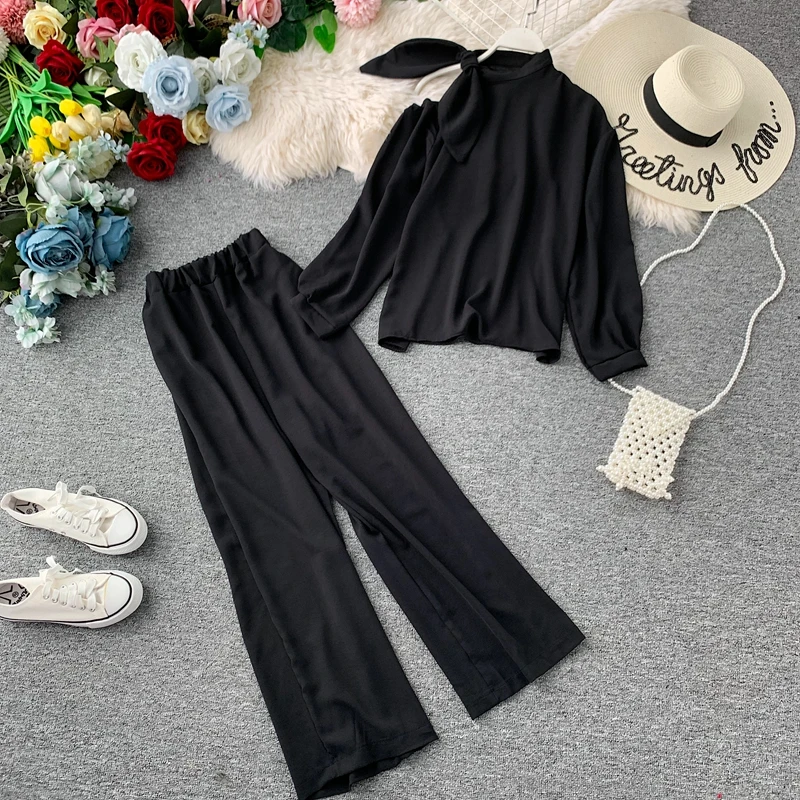 Autumn Women Off Shoulder Bowknot Pullover Suits Blouse &amp Long Leg Pants Urban Ladies Sleeves Elegant Solid 2 Piece Set | Женская