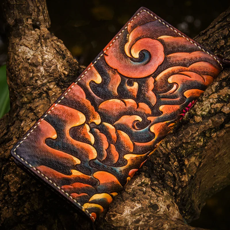 Handmade Wallets Carving the god of wealth Purses Men Long Clutch Vegetable Tanned Leather Wallet Card Holder