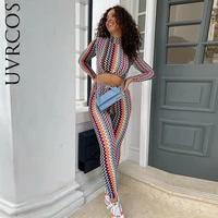 women printing long sleeve stand collar pullover crop tops high waist hip lift tight trousers suit two piece set sportswear